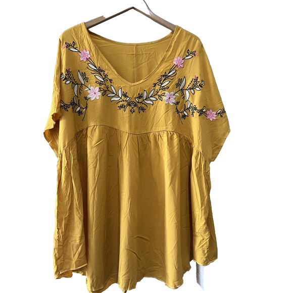 NWT Embroidered Womens Tunic Yellow V Neck Boho floral empire yoke Top Size 4XL - Picture 1 of 6